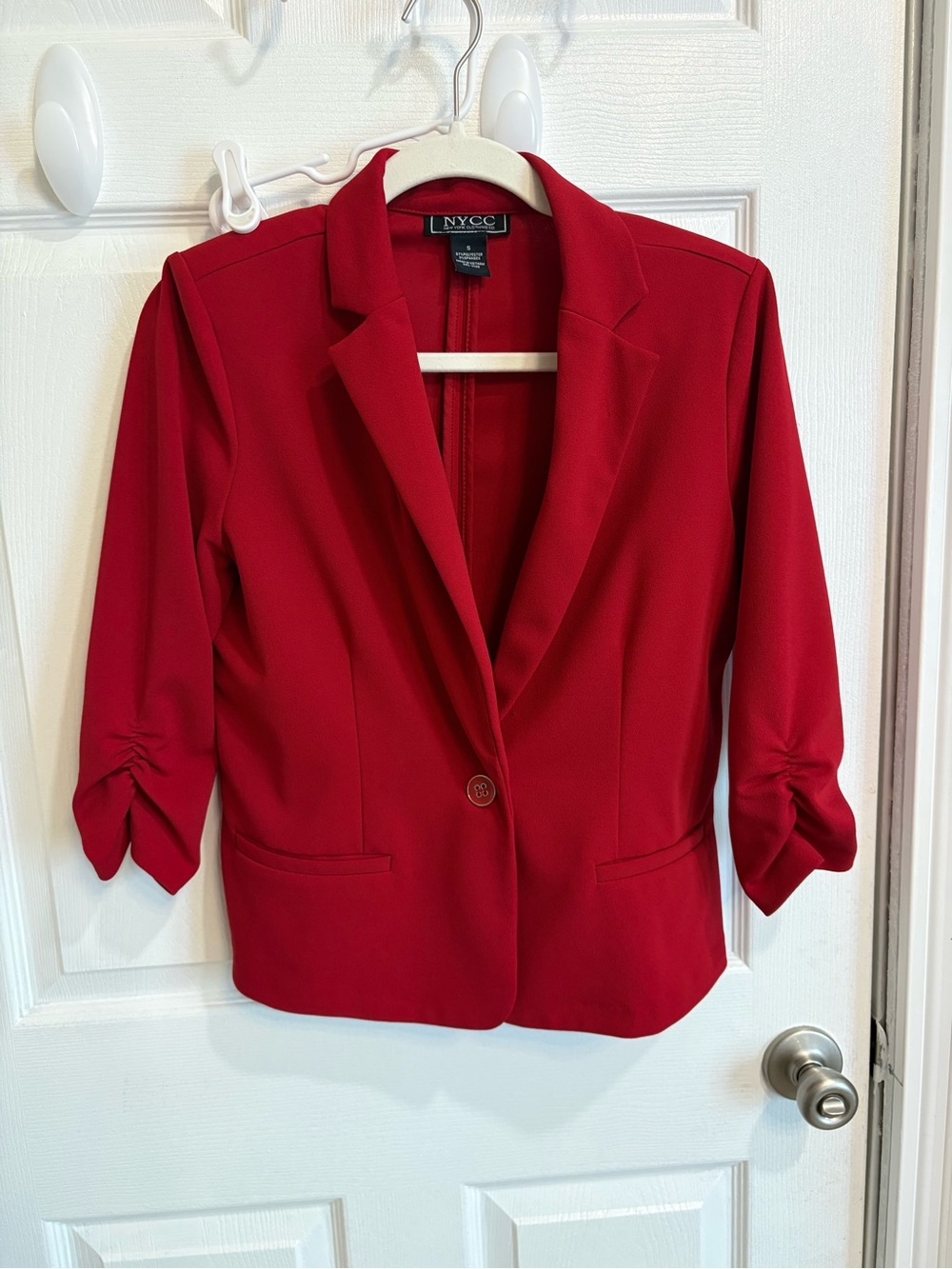 NYC Red Single-Button Blazer with Ruched 3/4 Sleeves
